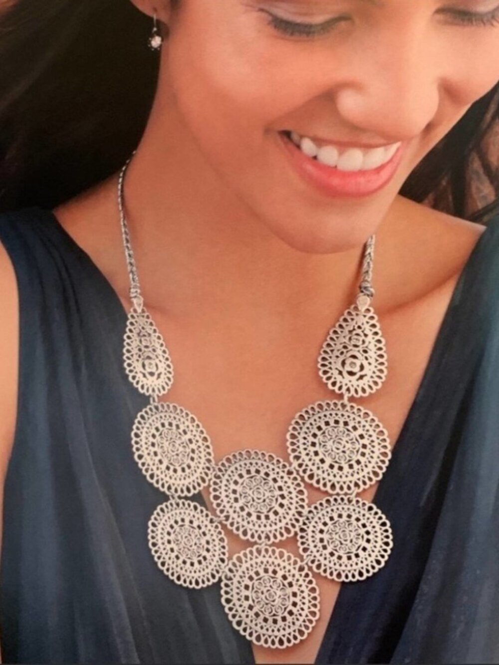 Stella & Dot Medina Bib Necklace Silver Tone Medallion Statement Piece Retired